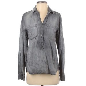 Bella Dahl Shirt M Womens Gray Popover Collared V Neck Roll Tab 3/4 Sleeves